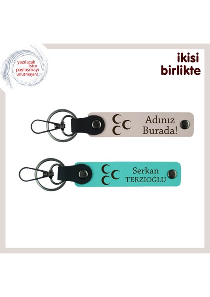 Eşine Özel Üç Hilal Temalı Armağan – Yıldönümüne Anlamlı Kişisel Anahtarlık Seti, Pudra-Turkuaz