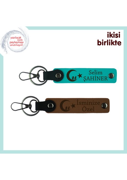 Anı Niteliğinde Unutulmaz Hediye – Çocuk ve Ayyıldız Kişisel Anahtarlık Seti, Koyu Turkuaz-Kahve
