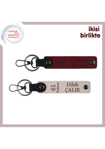 Memleket Hasreti Yansıtan Deri Anahtarlık 2'li Set, Isim Yazılabilir Özellikli , Bordo-Pudra