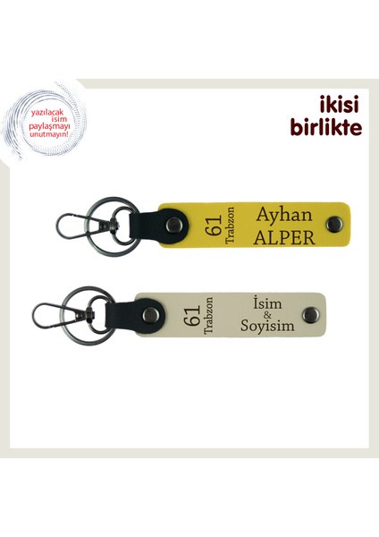 Trabzon Aşığına Kalıcı Hatıra Deri Anahtarlık Takımı, Isminiz Yazılı Armağan, Sarı-Sütlü Kahve
