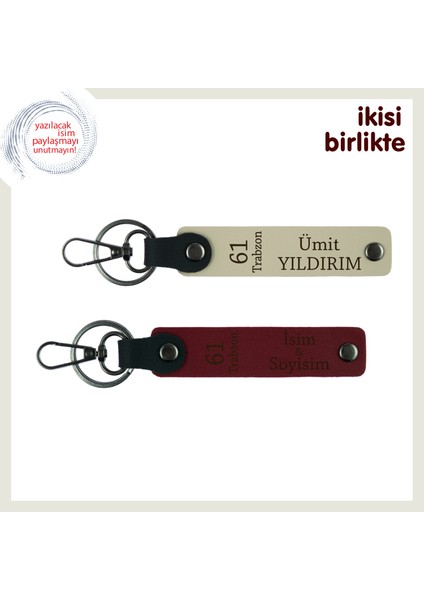 Hemşehrine Özel 61 Trabzon Temalı Deri Anahtarlık X2' Li Set, Adınızı Yazdırın, Sütlü Kahve-Bordo