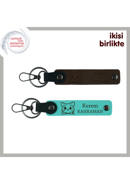Sevgiline ve Ortak Kedinize Sevimli Hediye, Kedili Deri Anahtarlık Takımı, Koyu Kahve-Turkuaz