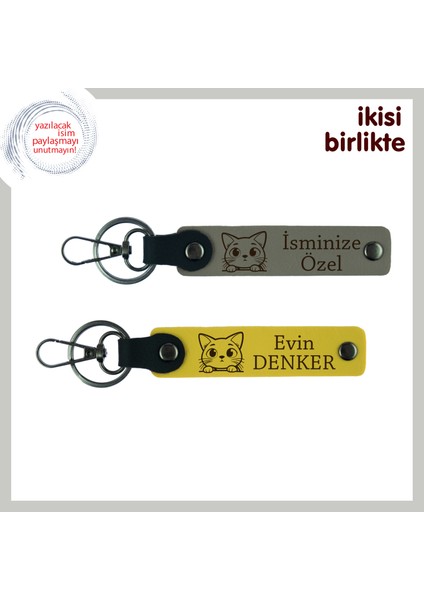 Evcil Can Dostuna ve Sevgiline Birlikte Armağan, Patili Deri Anahtarlık Takımı, Kül Gri-Sarı