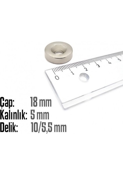 Neodyum Mıknatıs Yuvarlak Havşalı Çap 18MM (Delik 10/5.5mm) Kalınlık 5mm 2 Adet fiyatları
