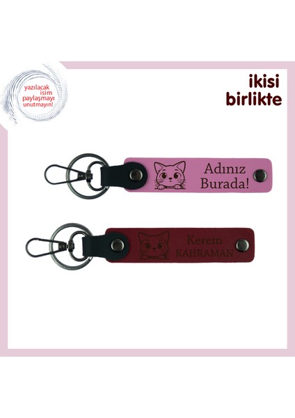 Kedili Ev Hediyesi Arayanlara, Kişisel Yazılabilir Anahtarlık Takımı, Pembe-Bordo