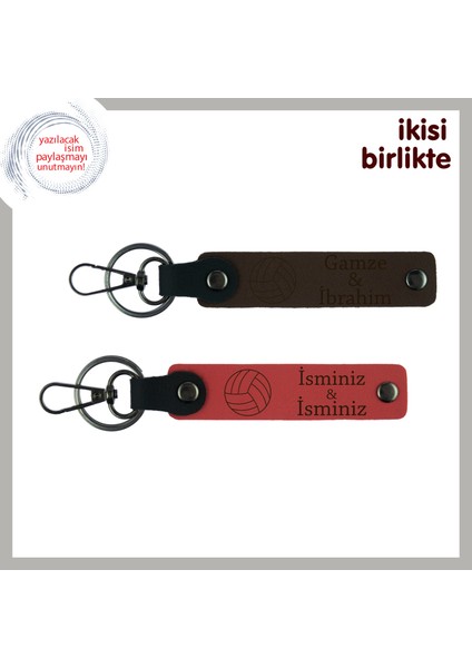 Voleybol Topu Desenli Isim Yazılabilir 2’li Anahtarlık Seti, Kişiye Özel, Koyu Kahve-Nar Çiçeği