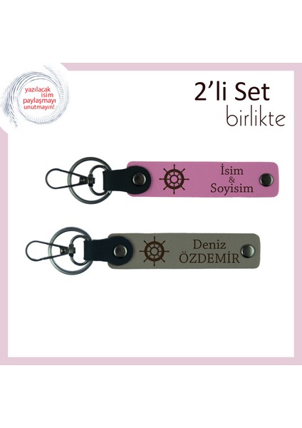 Tarz Sahibi Eşe Uygun Gemi Motifli 2’li Deri Anahtarlık Takımı, Kişiselleştirilebilir, Pembe-Kül Gri