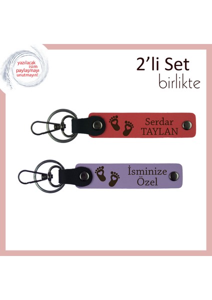 Kişiye Özel Tasarlanmış Deri Anahtarlık, Kalpli Ayak Motifiyle Sevimli Bebek Hatırası, Nar Çiçek-Mor