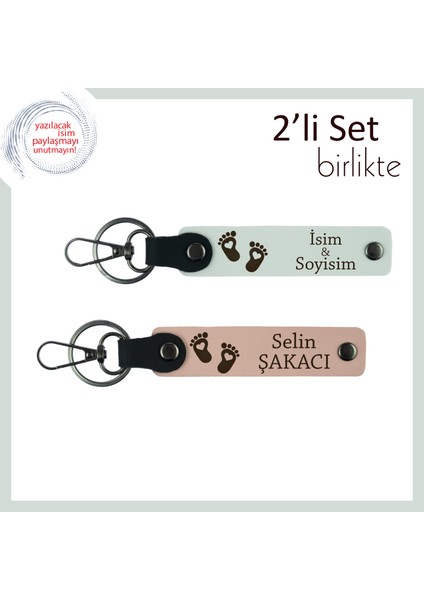 Anne ve Babaya Özel Isimli Doğum Tebriği Hediye Anahtarlık, Kalpli Bebek Ayağı, Beyaz-Yavru Ağzı