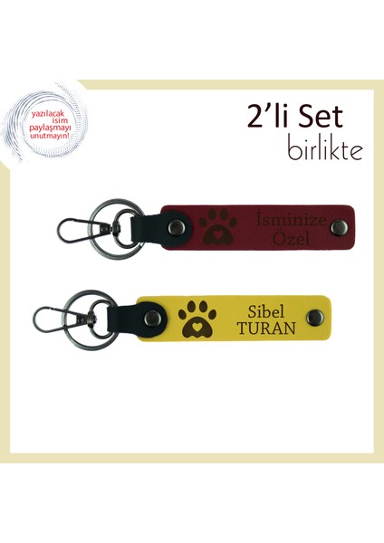 Kalpli Pati Detaylı Deri Anahtarlık, Evcil Hayvan Sahiplerine Hediye, Isim Yazılabilir, Bordo-Sarı