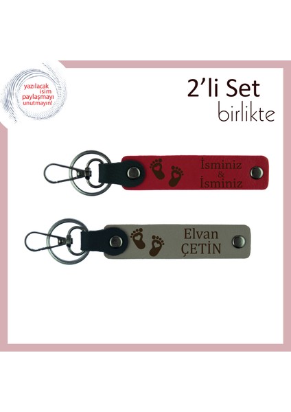 Erkek Bebeğe Ilk Hatıra Olarak Seçilecek Kalpli Ayak Figürlü 2’li Deri Set, Kırmızı-Kül Gri