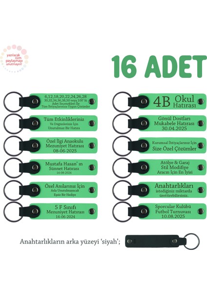 Anaokulu Yıl Sonu Hediyesi, 16'lı Set, Öğrenci Ismi Yazılı Öğretmene Özel Anahtarlık, F Yeşil & Syh