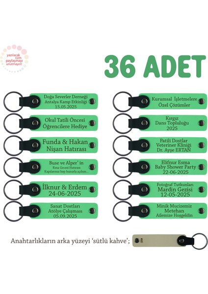 Müzik Gruplarına Etkinlik Anısı, 36'lı Set, Isim Yazılı Hatıra Anahtarlık, Fıstık Yeşil & S Kahve