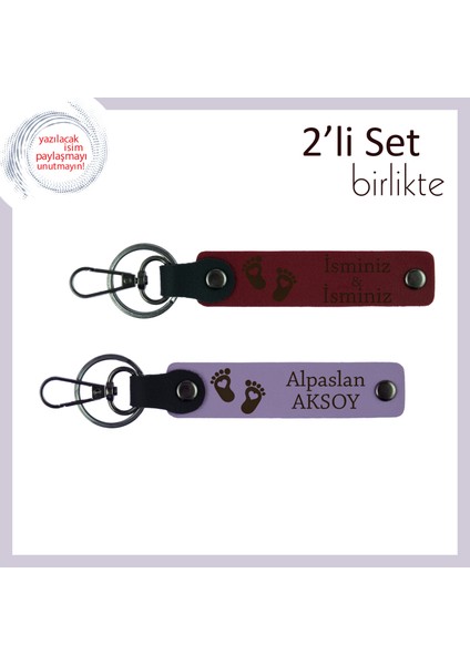 Ilk Anneler Günü Için Isimli Hediyelik, Kalpli Bebek Ayağı Motifli Deri Anahtarlık Takımı, Bordo-Mor