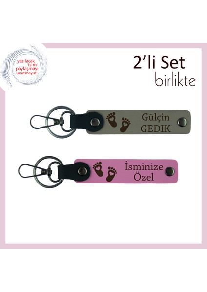Yeni Bebeği Kutlayanlara Uygun Hediyelik, Kalpli Ayak Temalı Deri Anahtarlık Seti, Kül Gri-Pembe