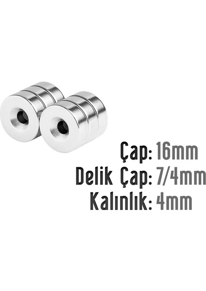 Neodyum Mıknatıs Yuvarlak Havşalı Çap 16MM (Delik 7/4mm) Kalınlık 4mm 3 Adet