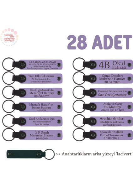 Arkadaş Grubuna Ortak Hediye 28'li Set, Kişiselleştirilebilir Yazılı Deri Anahtarlık, Mor & Lacivert