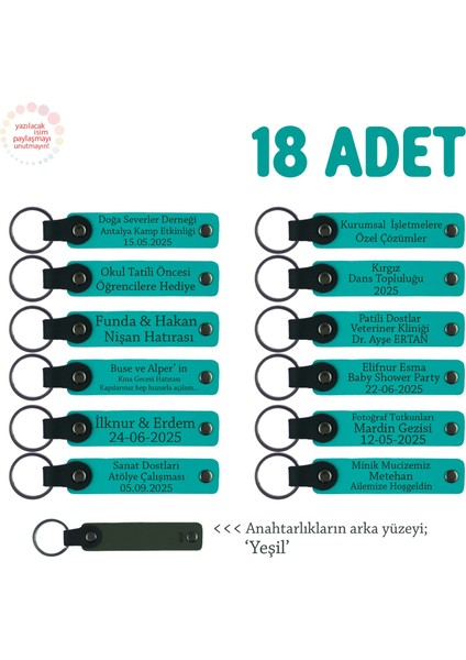Öğrencilerin Birlikte Paylaşabileceği, 18'li Anahtarlık Set, Isme Özel Hatıra, Koyu Turkuaz & Yeşil