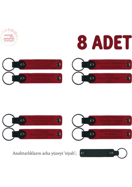 Görev Alan Öğretmenlere Özel, 8'li Set, Isme Yazılan Deri Hediyelik Anahtarlık, Kırmızı & Siyah