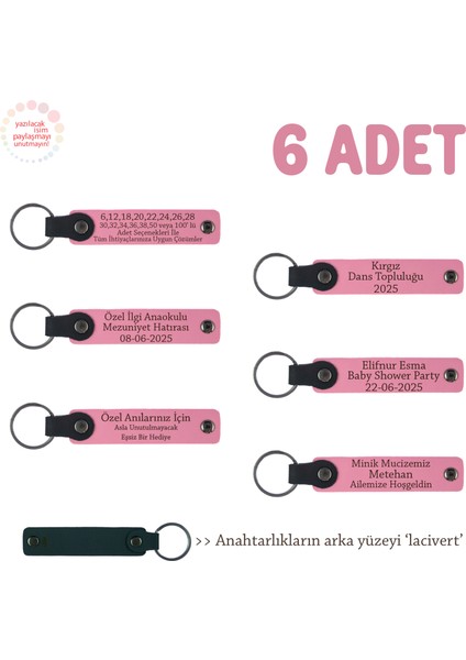 Pembe & Laci, Mini Kutlamalar Için Unutulmaz Hediye, 6'lı Set, Kişiye Özel Yazılı Deri Anahtarlık