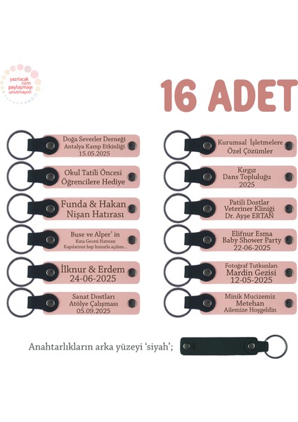 Kıymetli Öğretmenlere Hatıra, 16'lı Set, Üzerine Isim Yazılabilen Deri Anahtarlık, Pudra & Siyah