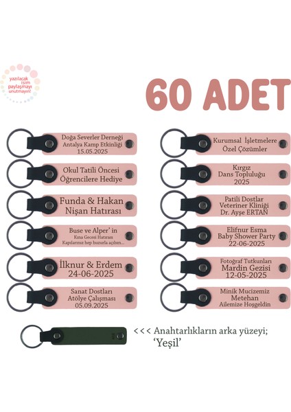 Otellere Özel Hediye, 60'lı Set, Isimli Kurumsal Kimliğe Uygun Deri Anahtarlık, Pudra & Yeşil
