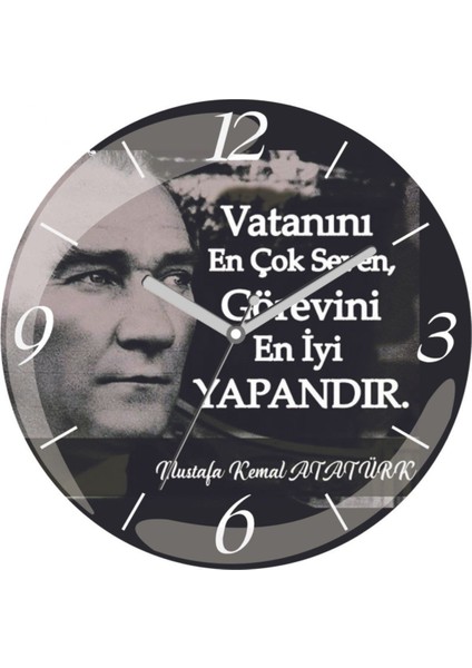 Şık Siyah Bombeli Gerçek Cam Duvar Saati, Atatürk Temalı, Modern ve Zarif Tasarım