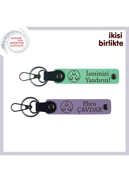 Doğum Gününe Ince Hediye, Üç Ayyıldız Temalı Kişisel Isimli 2’li Anahtarlık Takımı, Açık Yeşil-Mor
