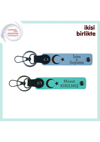 Arkadaşa Vatansever Bir Hediye – Ay Yıldız Temalı 2’li Kişisel Anahtarlık Seti, Gök Mavi-Turkuaz
