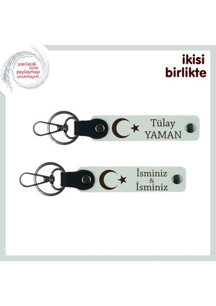 Kardeşe Kalıcı Hatıra, Ay Yıldız Yazılı Isim Soyisimli 2’li Anahtarlık Seti Hediye, Beyaz-Beyaz