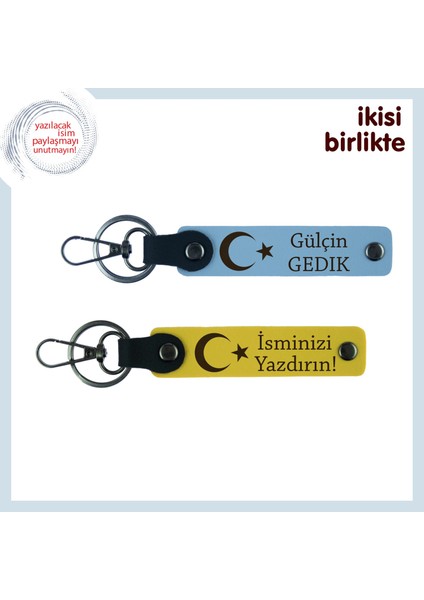 Dayıya Minnet Dolu Hatıra – Ay Yıldız Desenli, Isimli 2’li Anahtarlık Seti, Gök Mavi-Sarı