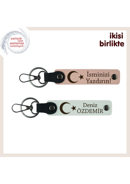 Anlam Yüklü Hatıra Hediye – Ay Yıldız Motifli Kişiselleştirilebilir Anahtarlık, Yavru Ağzı-Beyaz