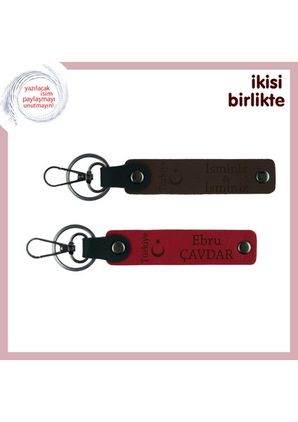 Sevgiline Ayyıldız ve Türkiye Ile Süslenmiş Aşk Hediyesi 2’li Anahtarlık Takımı, Koyu Kahve-Kırmızı