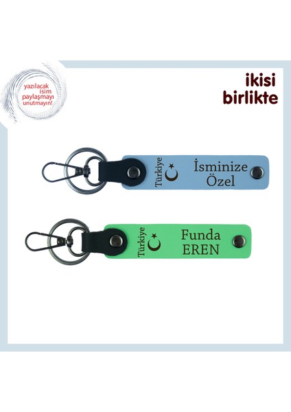 Patron Için Anlamlı Hediye – Ayyıldız ve Türkiye Kişisel Isimli Anahtarlık Takımı, Gök Mavi-Yeşil