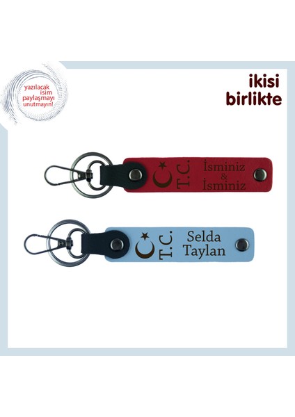Isimle Kişiselleştirilebilen Ay Yıldız Tc Deri Anahtarlık Set, 2’li Hatıra Takımı, Kırmızı-Mavi