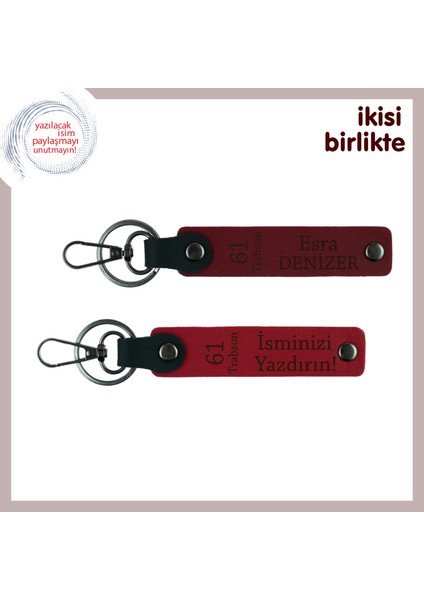 Sevdiklerinize Özel 61 Trabzon Temalı Anahtarlık, Kişisel Deri Armağan X2' Li Takım, Bordo-Kırmızı