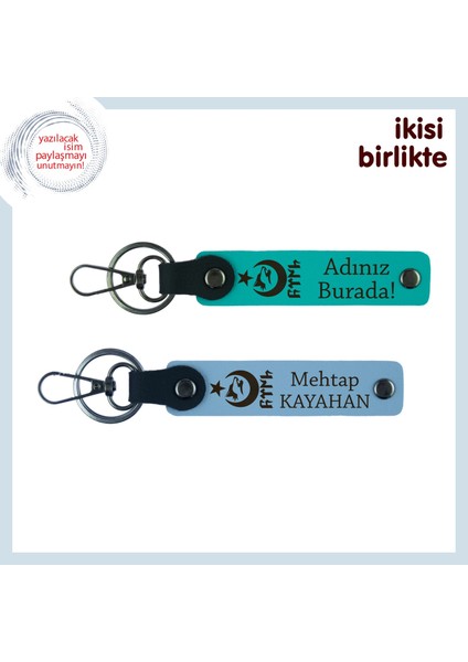 Çiftlere Anlamlı Hediye – Ayyıldız Kurt Göktürk ve Isimli 2’li Anahtarlık Takımı, Koyu Turkuaz-Mavi