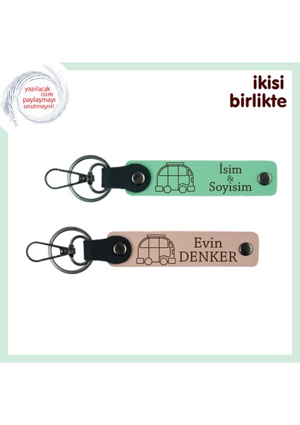 Seyahat Tutkunlarına Kişisel Hatıra, Karavan Desenli Anahtarlık 2’li Set, Açık Yeşil-Yavru Ağzı