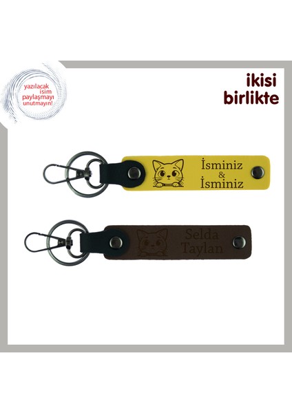 Kaybedilen Kediye Özlemle Hazırlanmış Hatıra, Patili Deri Anahtarlık X2, Isim Yazılı, Sarı-K Kahve