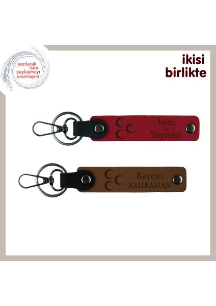 Isim Yazılabilen Üç Hilal Temalı Kişiye Özel Hediyelik Anahtarlık Set X2, Kırmızı-Kahve