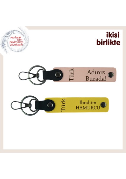 Gönülden Anlamlı Bir Hediye Türk Yazısı Kişisel Isimli Deri Anahtarlık X2, Yavru Ağzı-Sarı