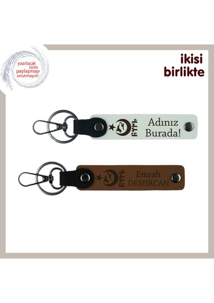 Kayınpedere Özel Hediye Ayyıldız Kurt Göktürk Temalı Isim Soyisim Yazılı Anahtarlık Set, Beyaz-Kahve