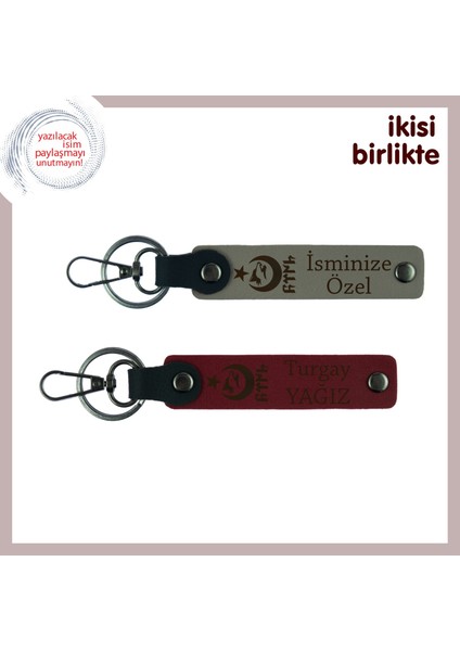 Çok Özel Hediye, Ayyıldız Kurt Göktürk Temalı Isim Yazılabilen 2' Li Anahtarlık Set, Kül Gri-Bordo