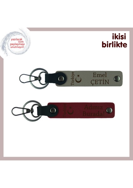 Çok Özel Hediye, Ayyıldız ve Türkiye Temalı Isim Yazılabilen 2' Li Anahtarlık Set, Kül Gri-Bordo