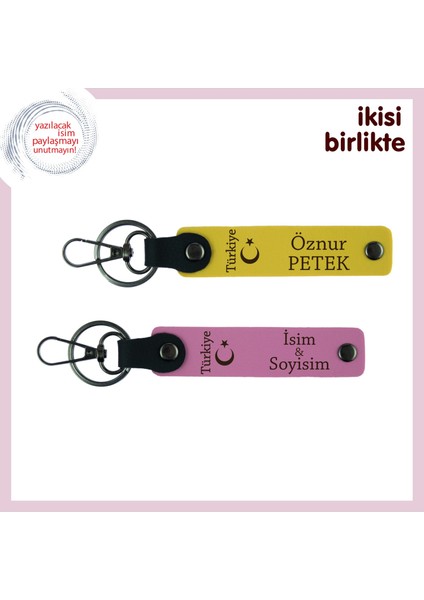 Sevgililer Gününe Özel Dokunuş – Ayyıldız ve Türkiye Temalı Isimli Anahtarlık Hediyesi, Sarı-Pembe