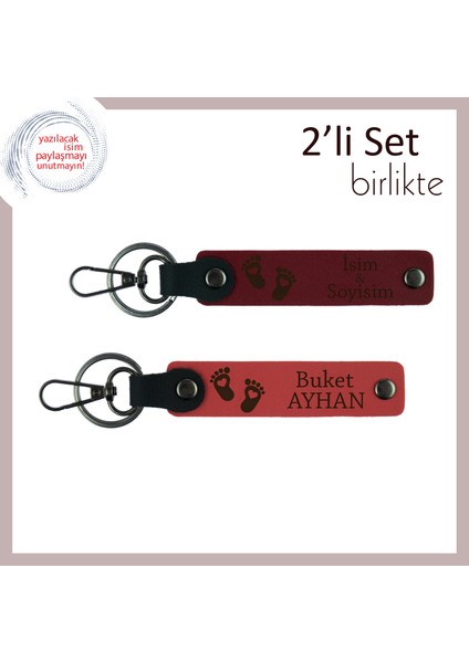 Yeni Aile Üyesine Hatıra Olarak Kalıcı Set, Kalpli Bebek Ayağı Temalı Isimli Anahtarlık, Bordo-Nar