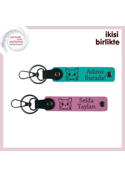 Ilişkinize Dahil Olan Patiye Ortak Hediye, Kedili Deri Anahtarlık Takımı, Koyu Turkuaz-Pembe