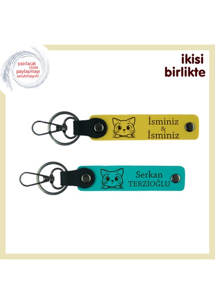 Patileriyle Evin Kalbine Dokunan Kediye, Kişisel Isimli Anahtarlık 2’li Set, Sarı-Koyu Turkuaz