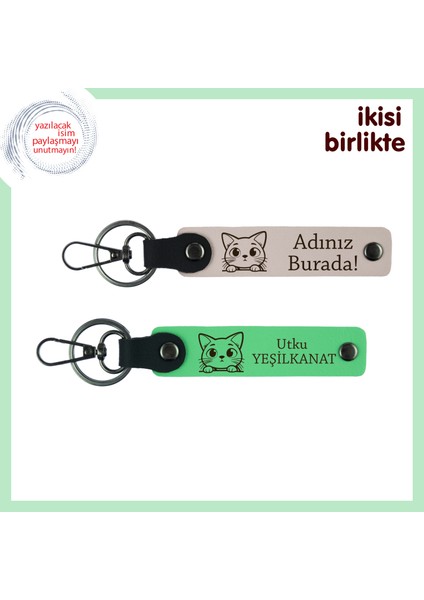 Minik Patili Aile Üyesine Özel Hediye, Kişiye Özel Kedili Anahtarlık Takımı, Pudra-Fıstık Yeşil