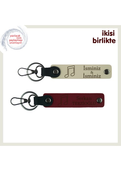 Melodi Gibi Gelen Hediye, Kişisel Isim Yazılabilir Deri Anahtarlık Seti, Sütlü Kahve-Bordo